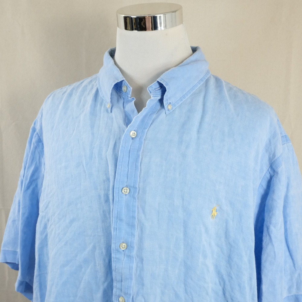 Polo Ralph Lauren 3XB Slim Fit 100% Linen Button Down Shirt Blue Short Sleeve